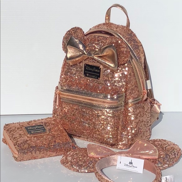 DISNEY ROSE GOLD LOUNGEFLY MINI BACKPACK BUNDLE